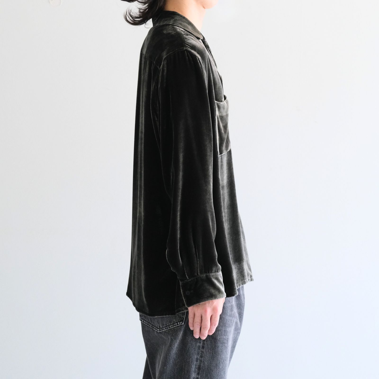 【残り1点】VELVET OPEN COLLAR SHIRTS ‐Silk Rayon‐ / ベルベットオープンカラーシャツ ‐シルクレーヨン‐（Black）