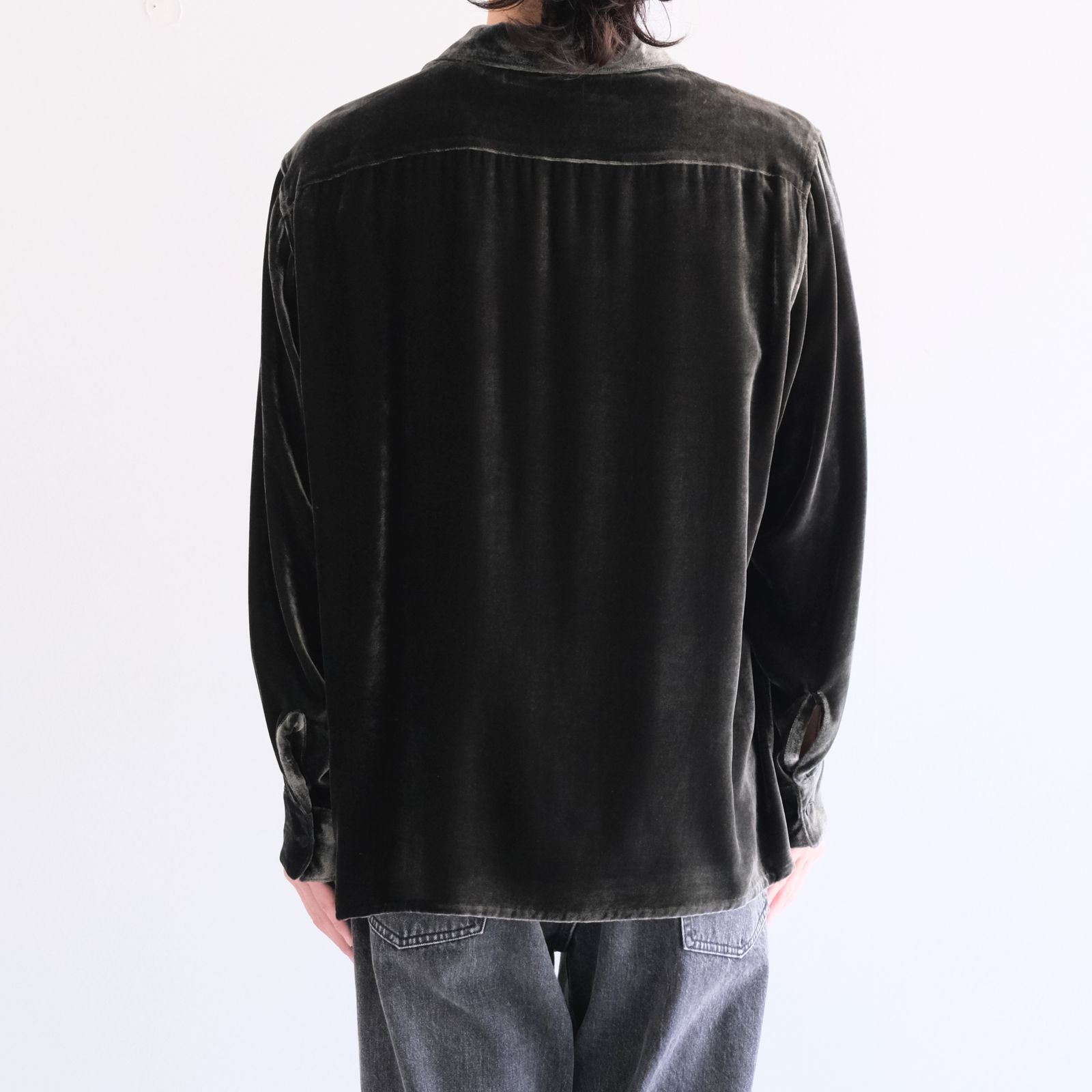 【残り1点】VELVET OPEN COLLAR SHIRTS ‐Silk Rayon‐ / ベルベットオープンカラーシャツ ‐シルクレーヨン‐（Black）