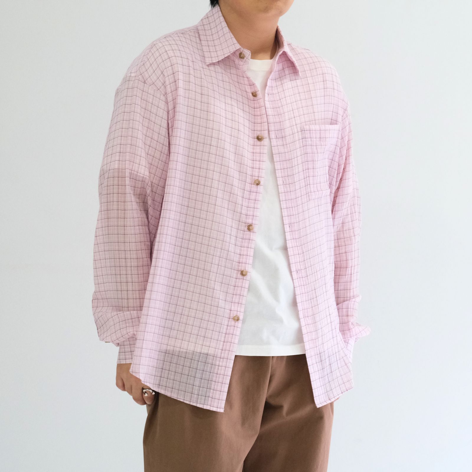 PREMIUM RONACHECK WRINKLE OVER SIZED SHIRTS / プレミアム ロナチェック リンクル オーバーサイズ シャツ（LEMONADE PINK）