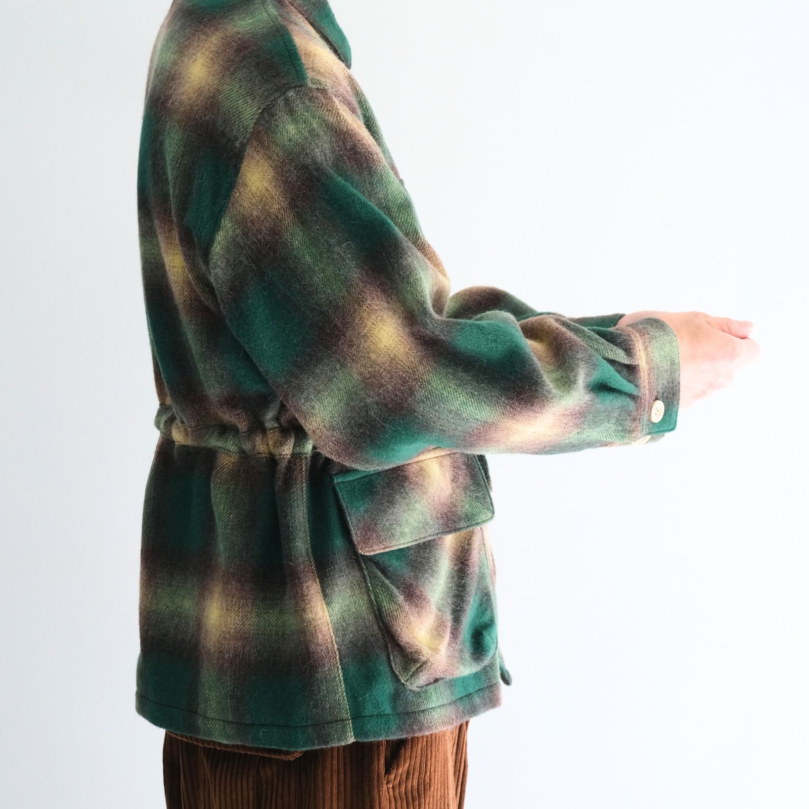 【残り1点】SHAGGY WOOL CHECK SAFARI JACKET（GREEN）