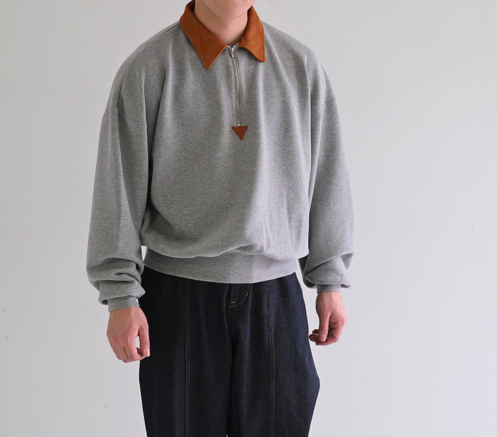 "BROTHERS" Leather × Original Supima Aging Cotton Sweat / ハーフジップ / スウェット / レザー / グレー