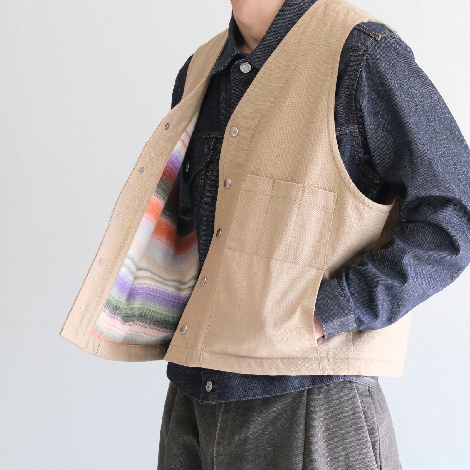 【残り1点】WORK VEST - Duck / Native Border Knit Lining -（Beige）