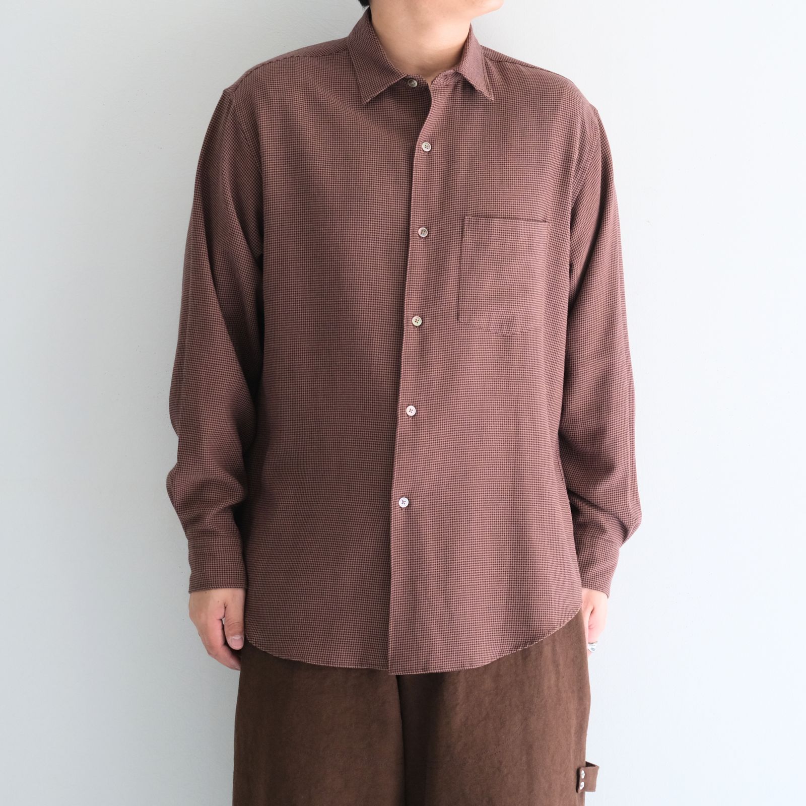 RAYON LINEN CHECK SHIRT / レーヨンリネンチェックシャツ（BROWN / BLACK）