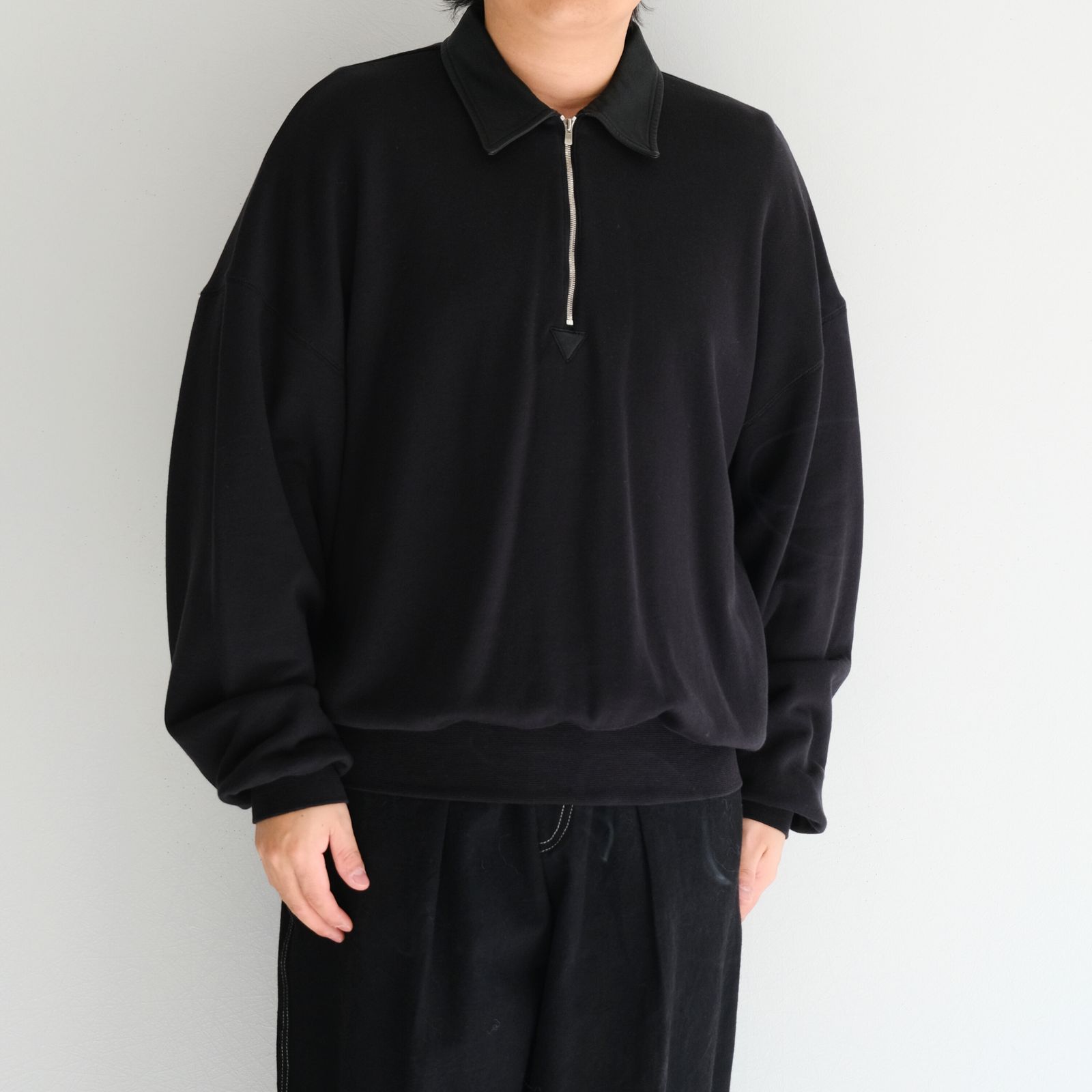 "BROTHERS" Leather × Original Supima Aging Cotton Sweat / ハーフジップ / スウェット / レザー / BLACK