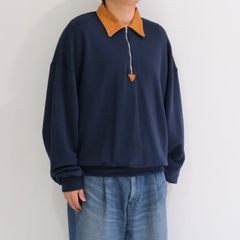 "BROTHERS" Leather × Original Supima Aging Cotton Sweat / ハーフジップ / スウェット / レザー / NAVY