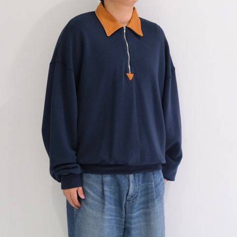 "BROTHERS" Leather × Original Supima Aging Cotton Sweat / ハーフジップ / スウェット / レザー / NAVY