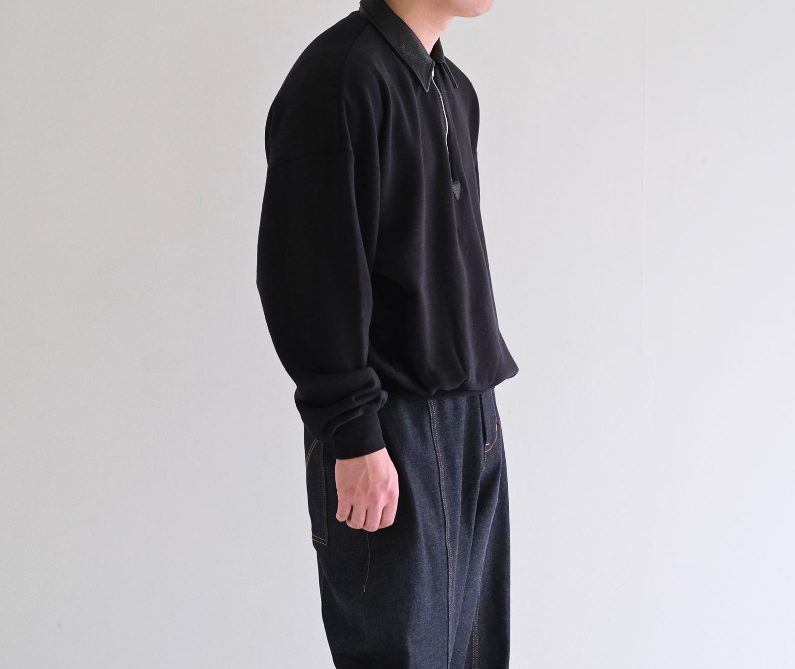 "BROTHERS" Leather × Original Supima Aging Cotton Sweat / ハーフジップ / スウェット / レザー / ブラック
