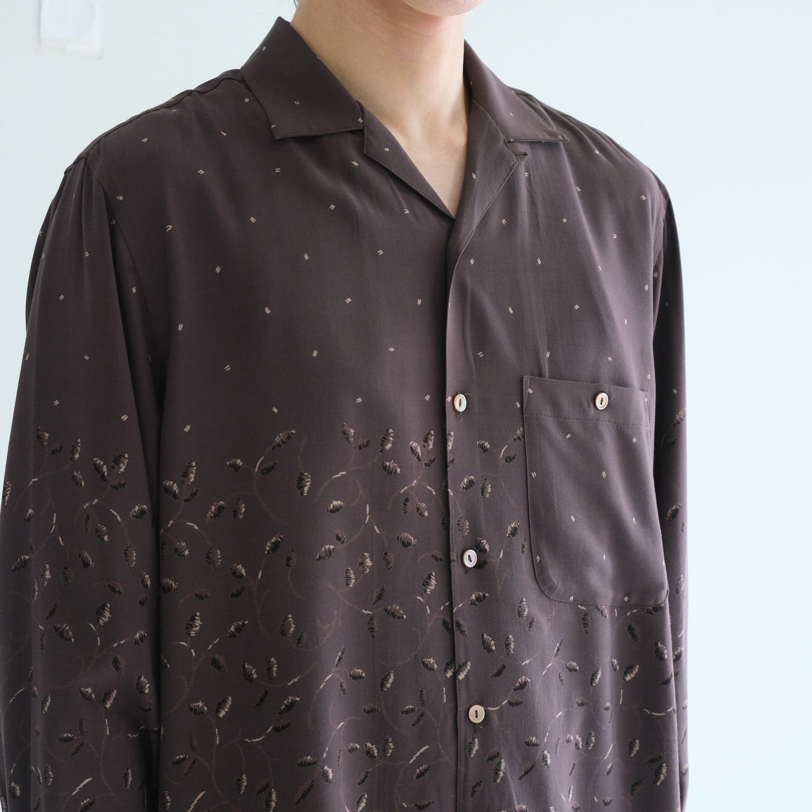 【残り1点】OPEN COLLAR SHIRTS  - Botanical print -（Dark Brown）