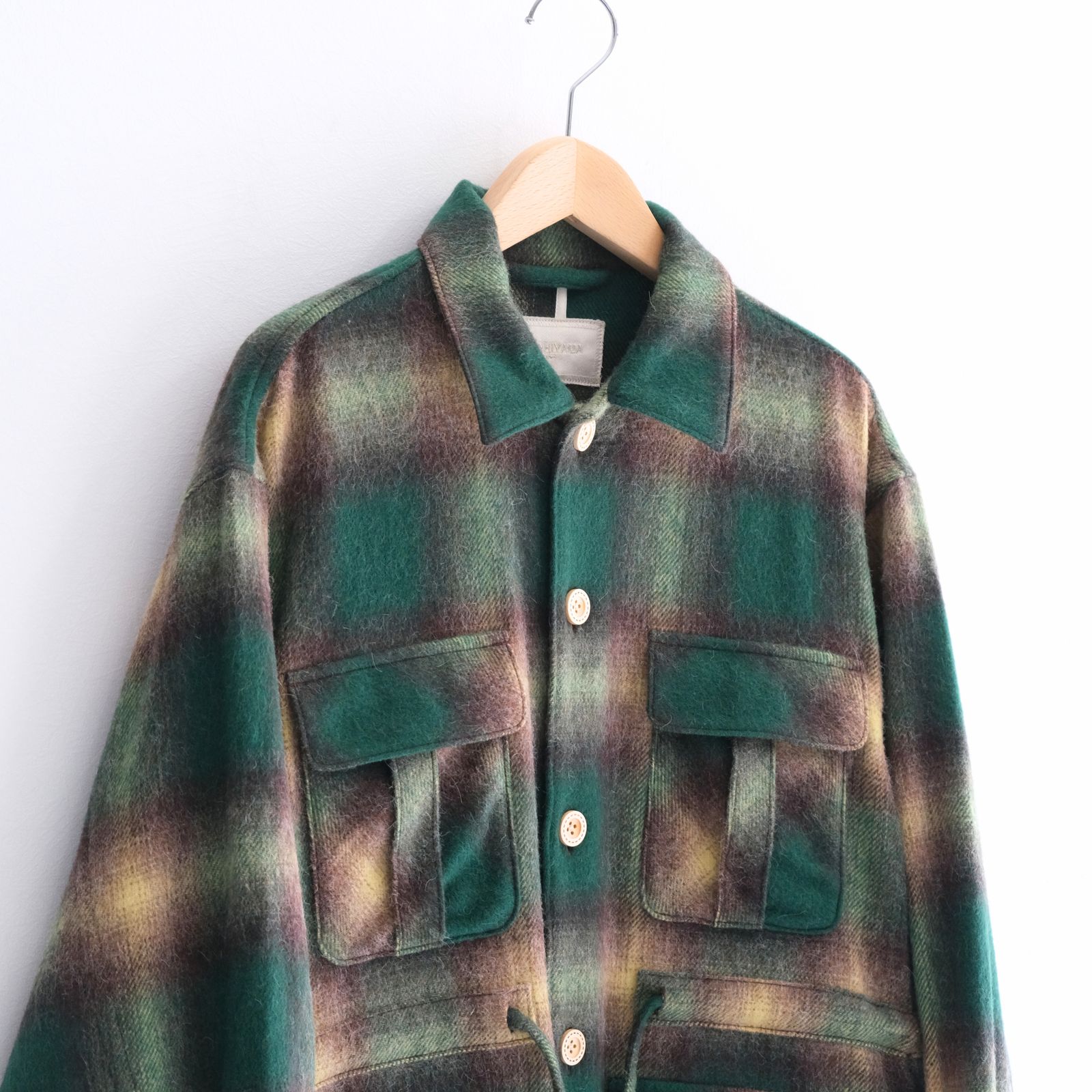 【残り1点】SHAGGY WOOL CHECK SAFARI JACKET（GREEN）