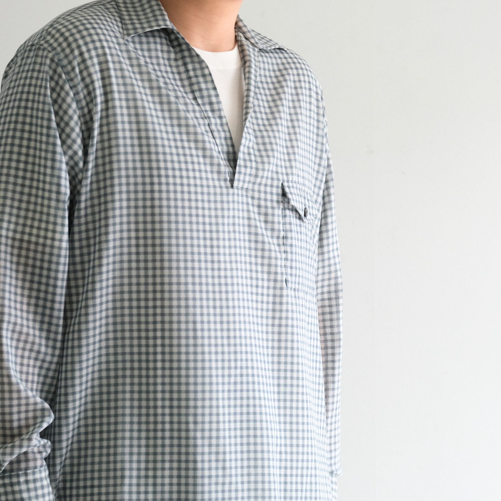 SUPER LIGHT WOOL CHECK SKIPPER SHIRT / スーパー ライト ウール チェック スキッパー シャツ（GREEN GREY）