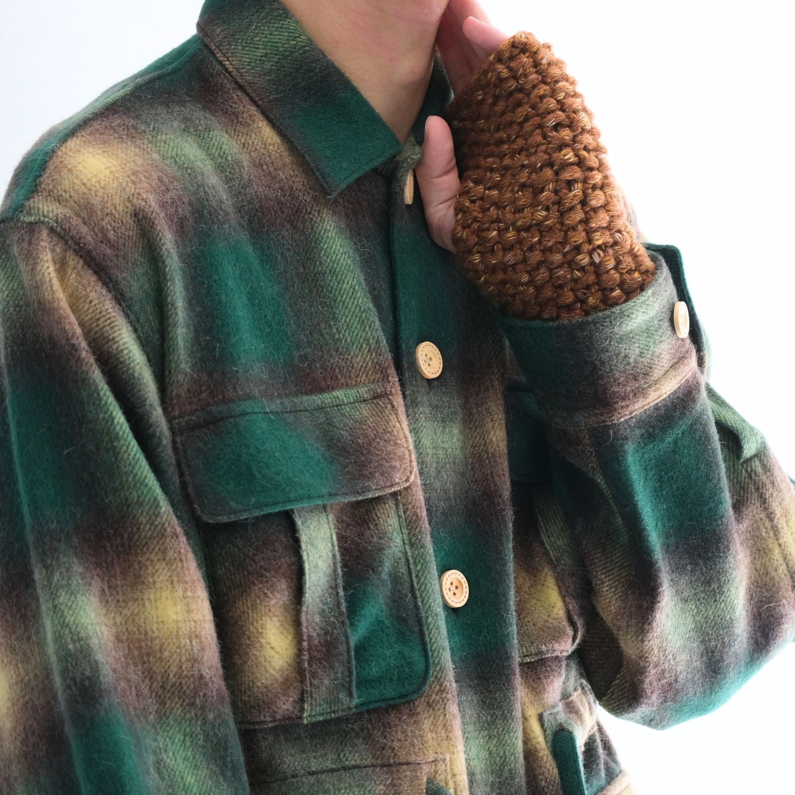 WOOL MIX HAND KNIT GLOVES（BROWN）