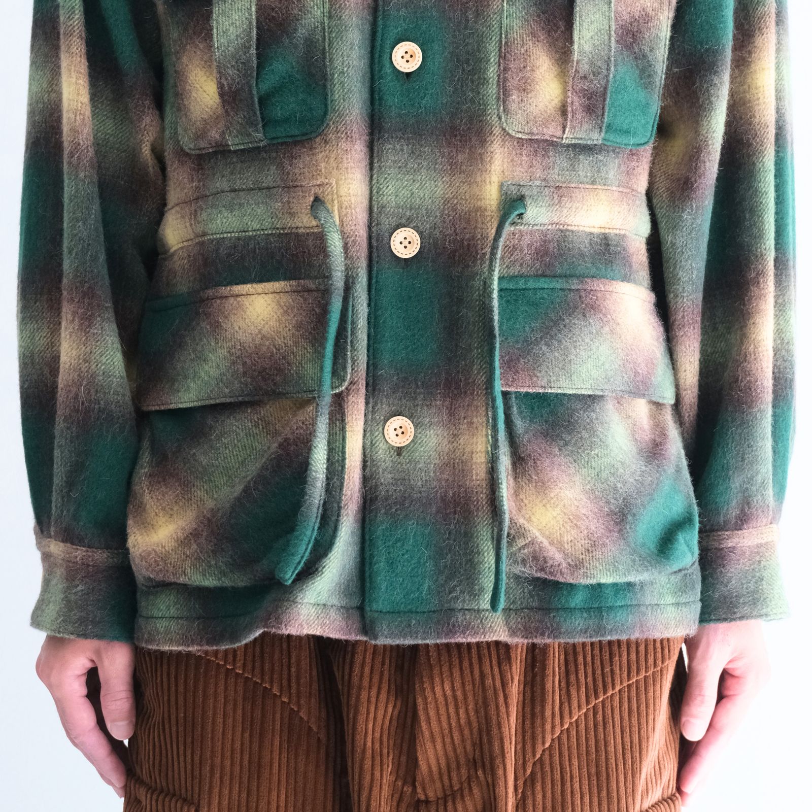 【残り1点】SHAGGY WOOL CHECK SAFARI JACKET（GREEN）