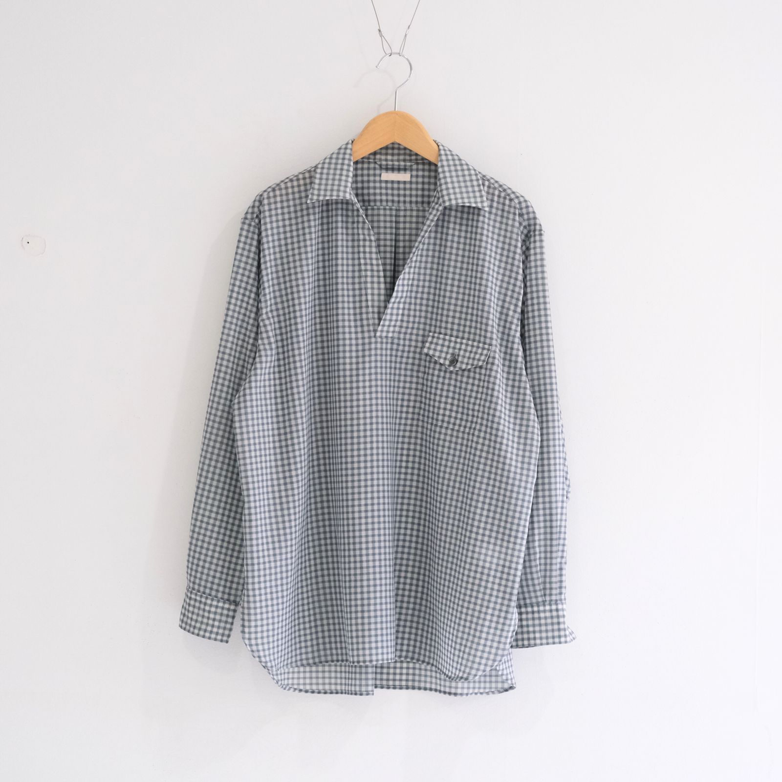 SUPER LIGHT WOOL CHECK SKIPPER SHIRT / スーパー ライト ウール チェック スキッパー シャツ（GREEN GREY）