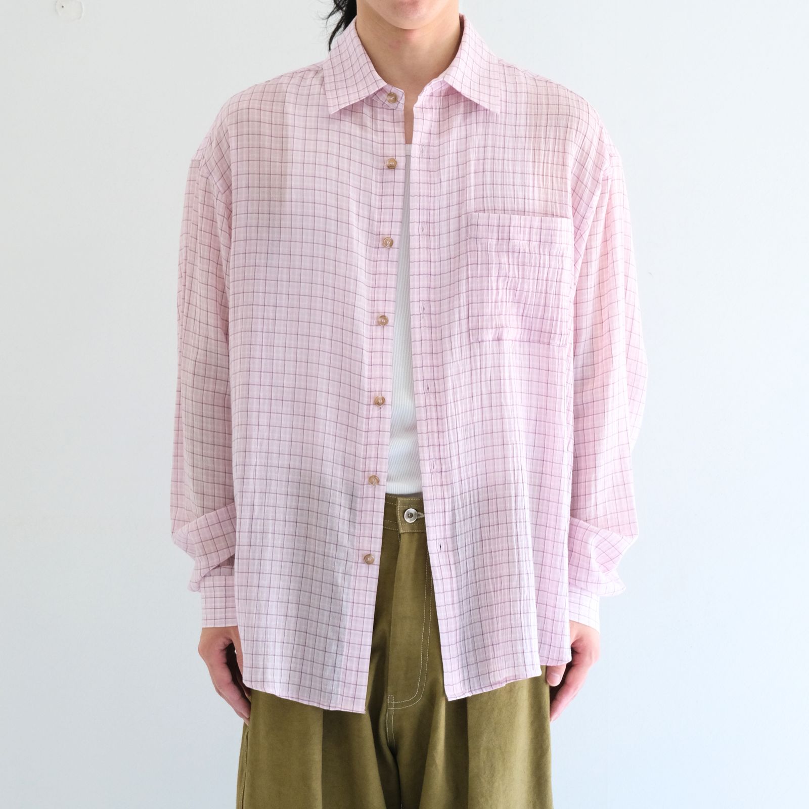 PREMIUM RONACHECK WRINKLE OVER SIZED SHIRTS / プレミアム ロナチェック リンクル オーバーサイズ シャツ（LEMONADE PINK）