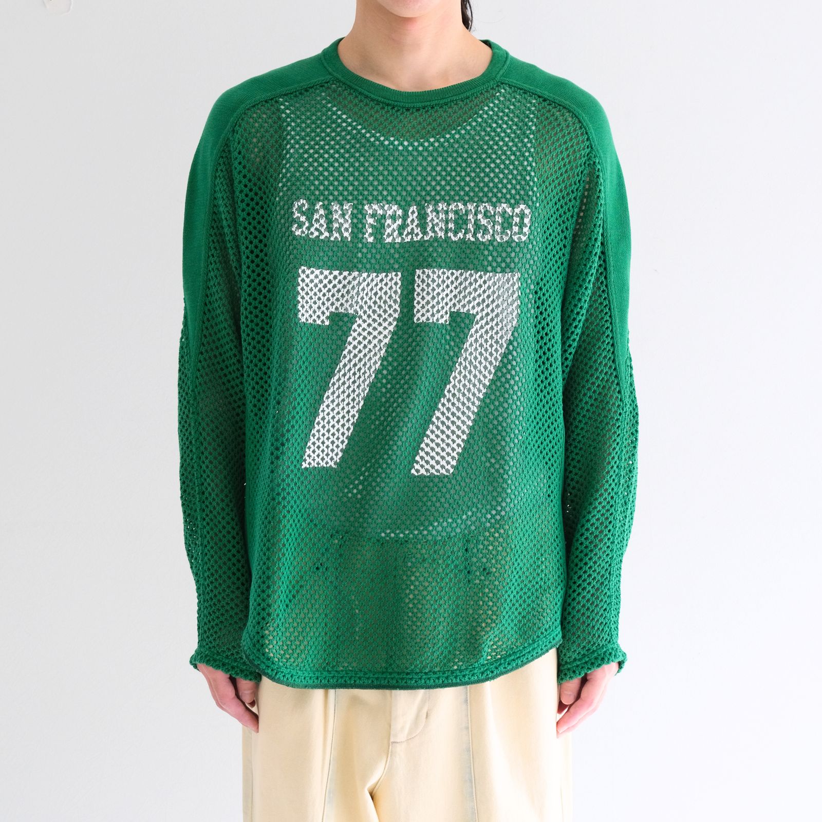 PRINTED FOOTBALL KNIT TEE - Mesh crochet - / プリントフットボールニットT- メッシュクロシェット -（Green）