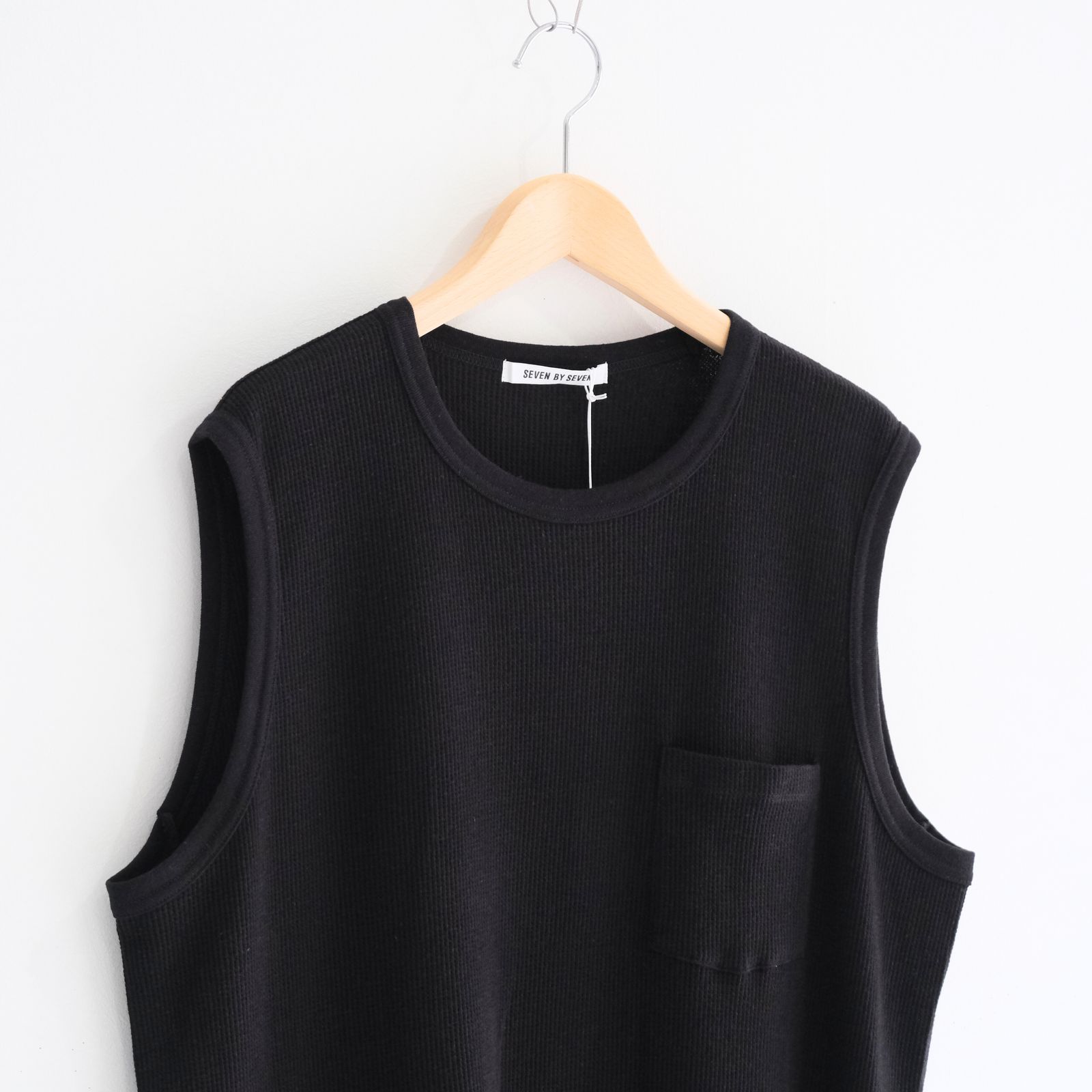 WRAP AROUND SLEEVELESS POCKET TEE ‐Recycle supima waffle‐ / ラップアラウンドスリーブレスポケットTEE ‐リサイクルスーピマワッフル‐（Black）