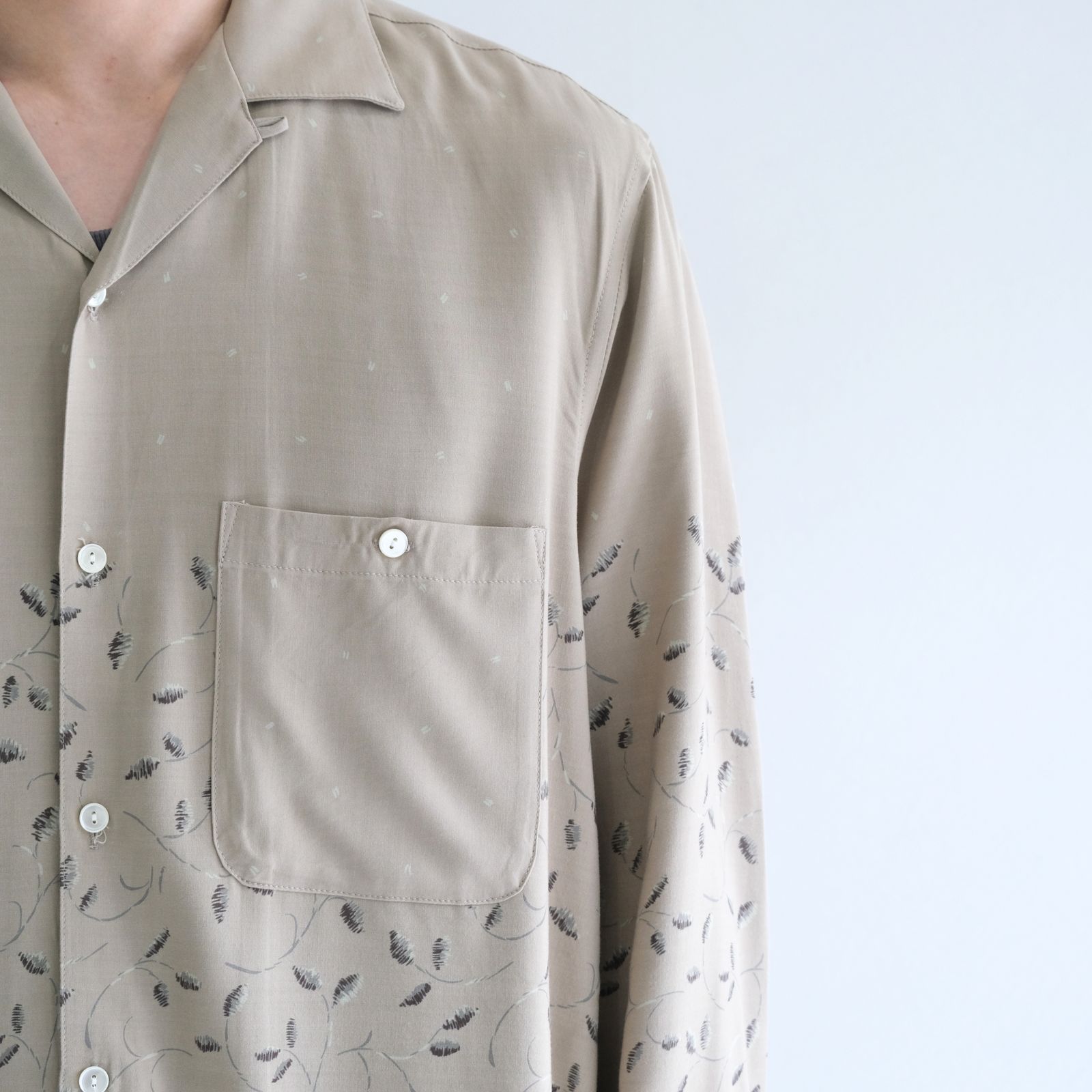 OPEN COLLAR SHIRTS  - Botanical print -（Gray Khaki）