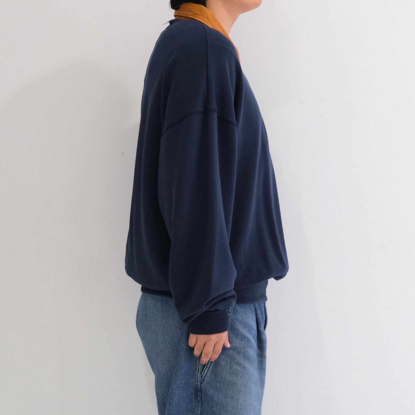 "BROTHERS" Leather × Original Supima Aging Cotton Sweat / ハーフジップ / スウェット / レザー / NAVY