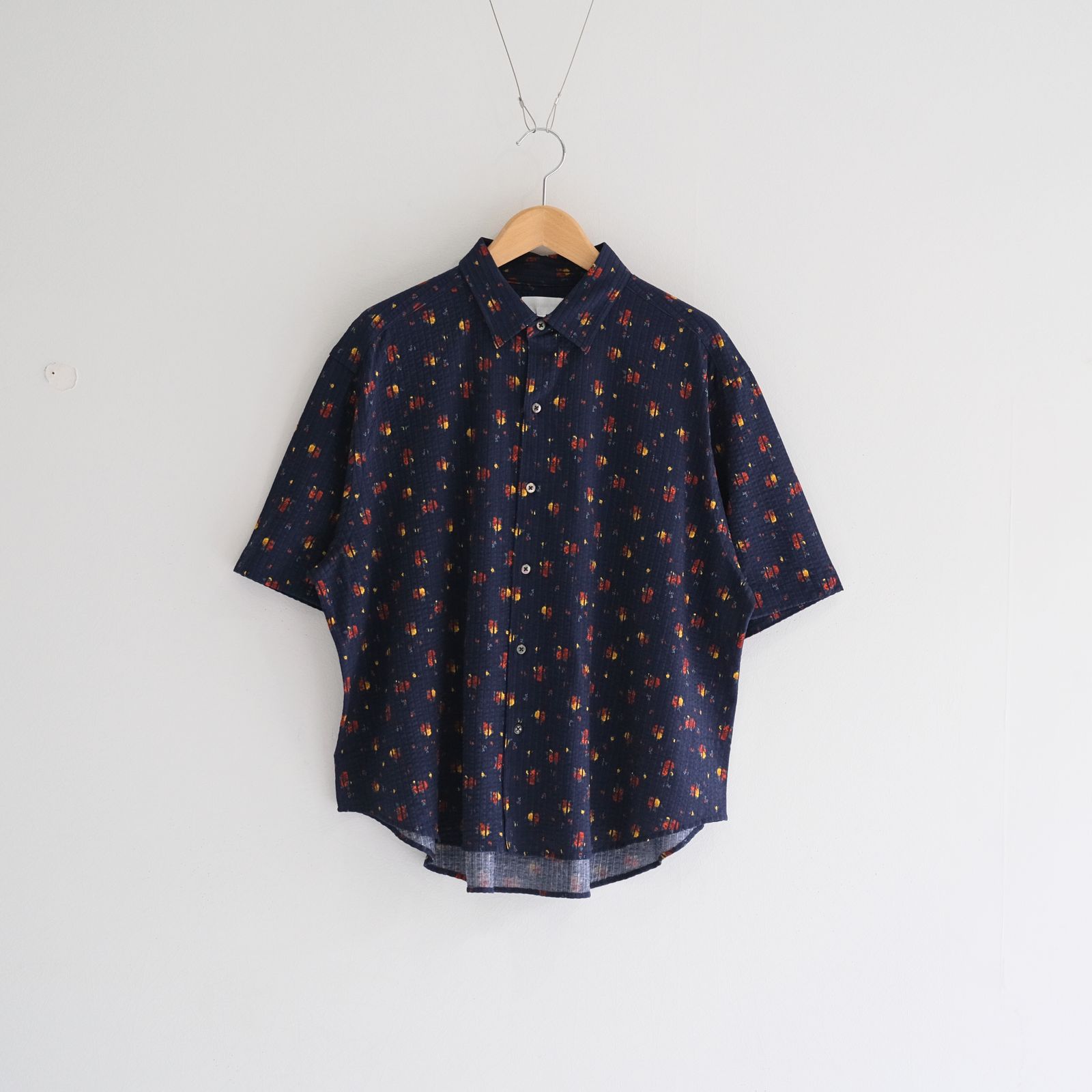 36G Linen Sucker Flower Atmosphere S/S Shirt / シャツ / 半袖 / ニットサッカー生地 /  NAVY