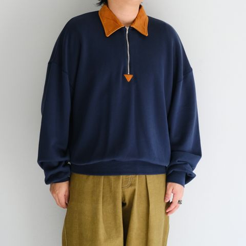 "BROTHERS" Leather × Original Supima Aging Cotton Sweat / ハーフジップ / スウェット / レザー / NAVY