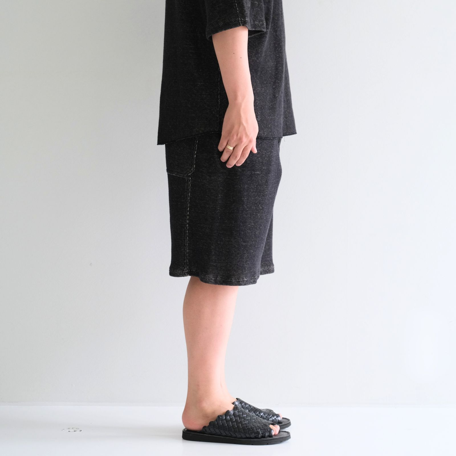 THERMAL SHORT PANTS - Mixed “UNSTAINED” yarn - / ショーツ / パンツ / BLACK