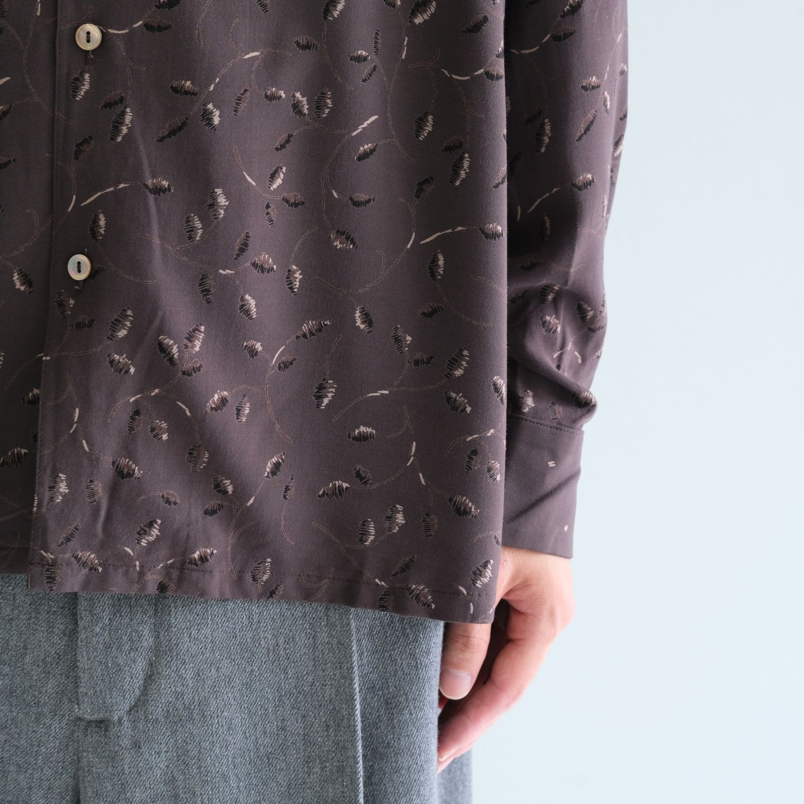 【残り1点】OPEN COLLAR SHIRTS  - Botanical print -（Dark Brown）
