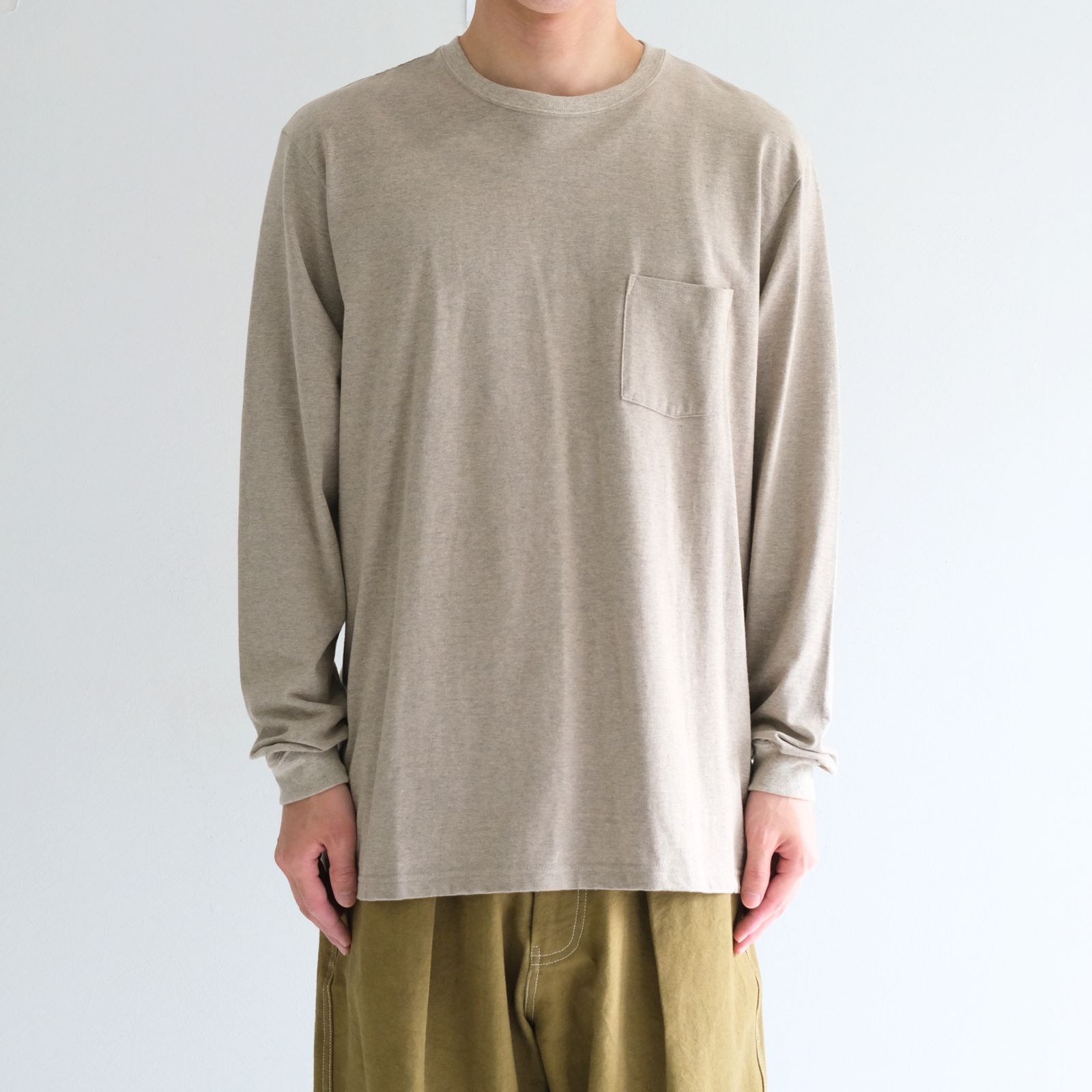 【残り1点】WRAP AROUND POCKET TEE L/S - Raffy plainstitch - / ラップアラウンドポケットT L/S - ラフィープレーンステッチ -（Beige）