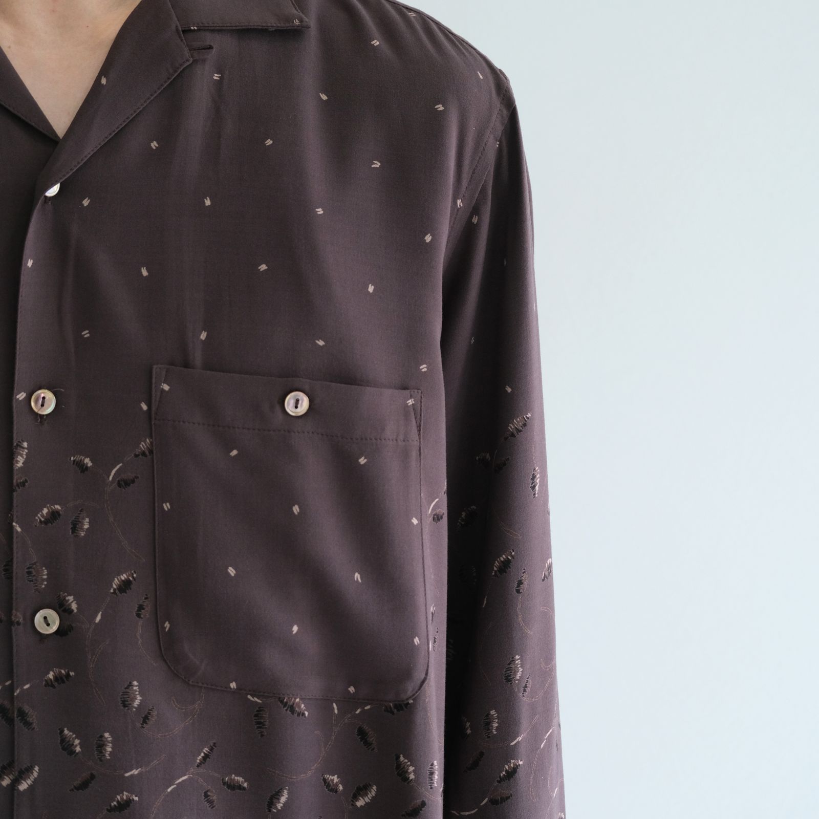 【残り1点】OPEN COLLAR SHIRTS  - Botanical print -（Dark Brown）