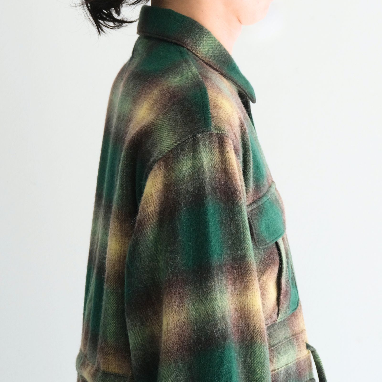 【残り1点】SHAGGY WOOL CHECK SAFARI JACKET（GREEN）