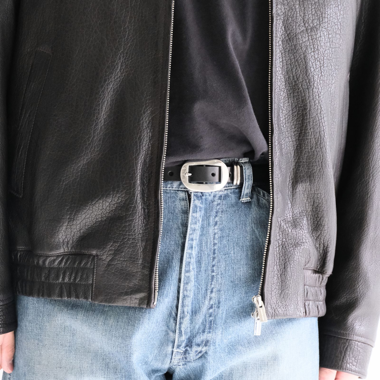 CART BUCKLE NARROW LEATHER BELT / ベルト / レザーベルト / Rooster King＆Co., / Cow leather / 牛革 / Black