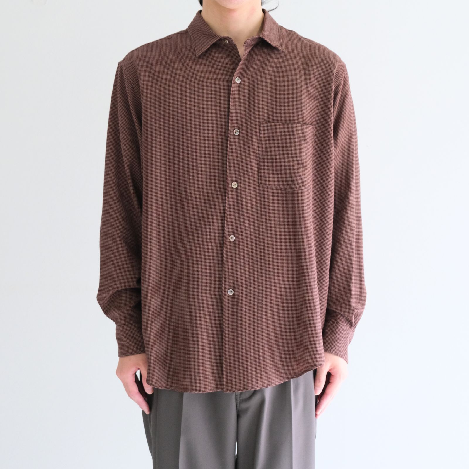 RAYON LINEN CHECK SHIRT / レーヨンリネンチェックシャツ（BROWN / BLACK）