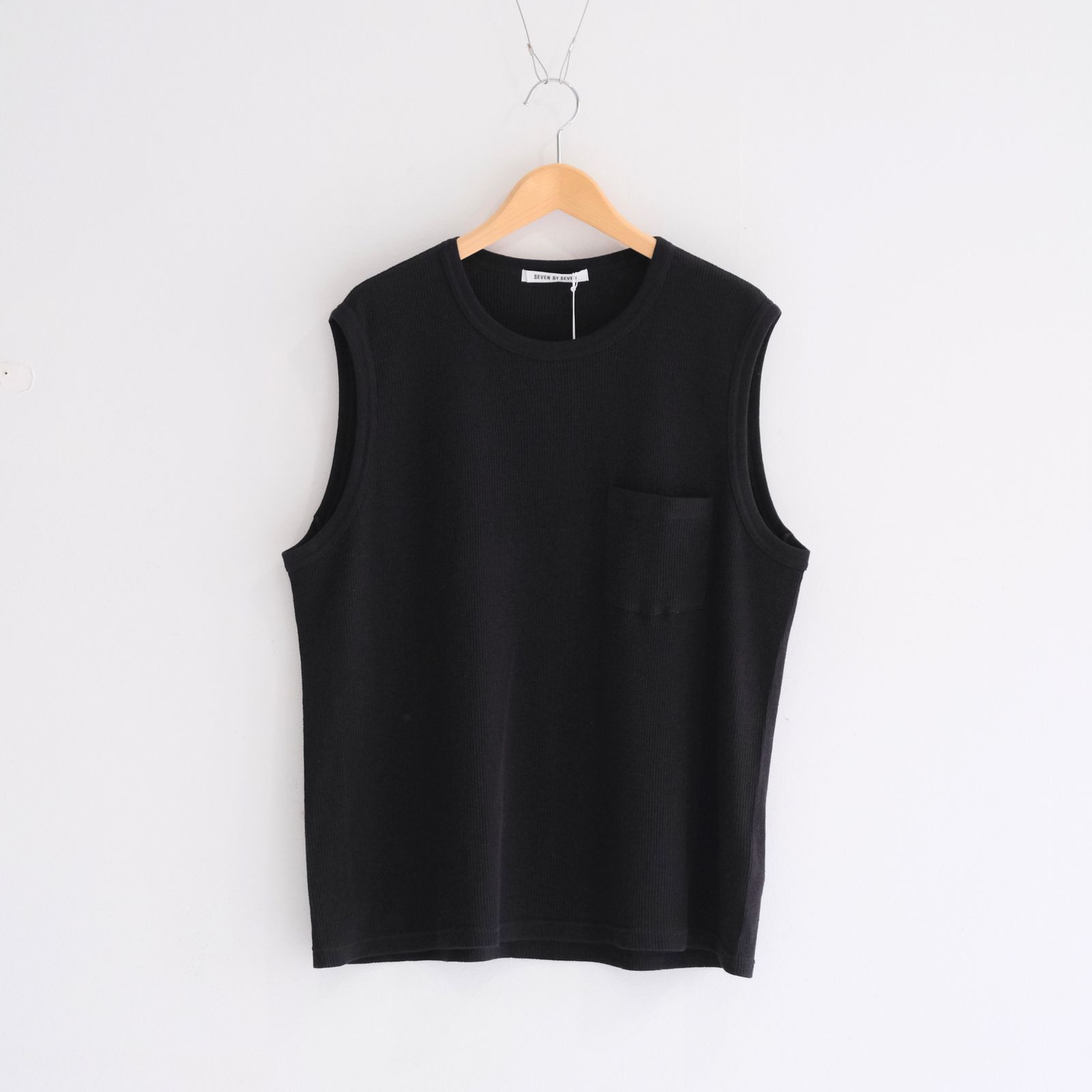 WRAP AROUND SLEEVELESS POCKET TEE ‐Recycle supima waffle‐ / ラップアラウンドスリーブレスポケットTEE ‐リサイクルスーピマワッフル‐（Black）