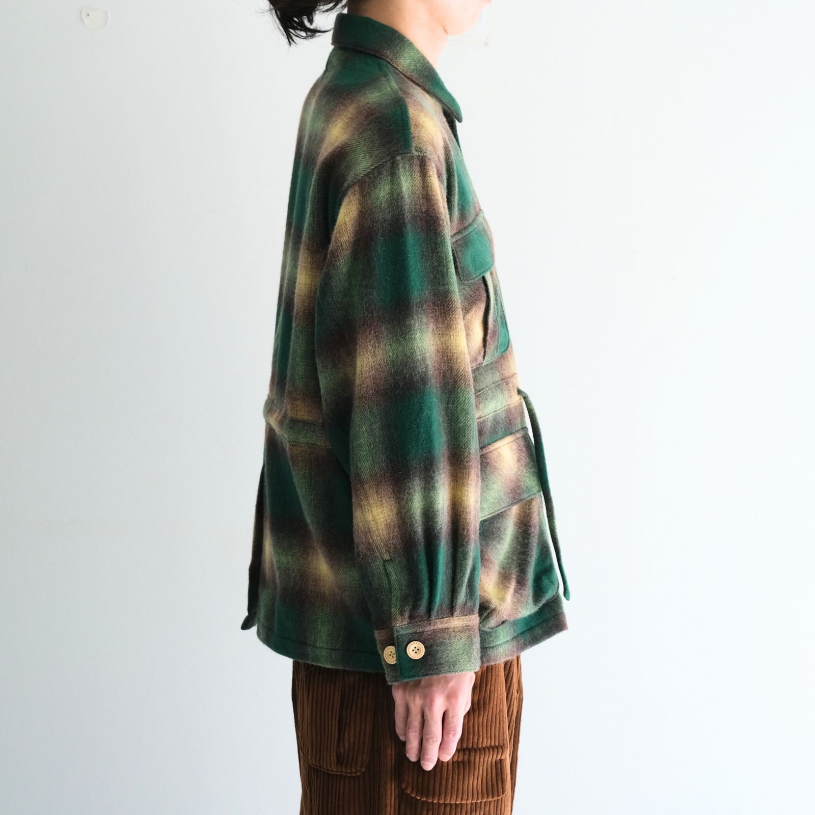 【残り1点】SHAGGY WOOL CHECK SAFARI JACKET（GREEN）
