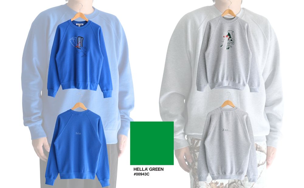 【HELLA GREEN / ヘラグリーン】キャッチーな染み込みプリントが特徴のスウェット。