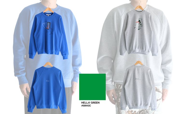 【HELLA GREEN / ヘラグリーン】キャッチーな染み込みプリントが特徴のスウェット。