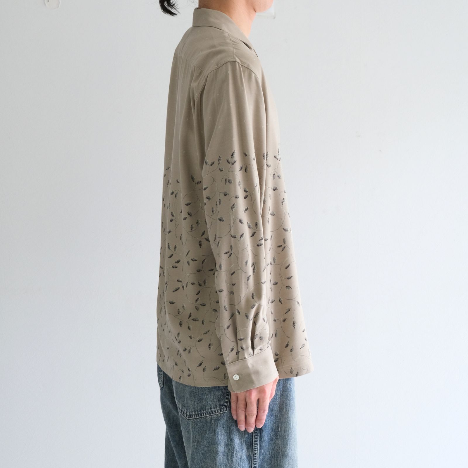 OPEN COLLAR SHIRTS  - Botanical print -（Gray Khaki）