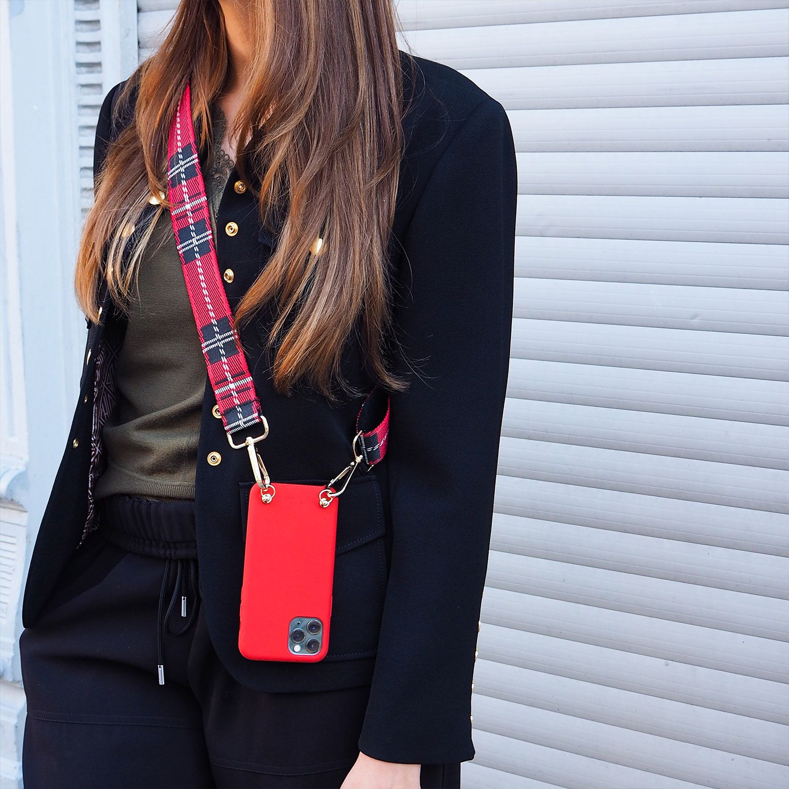 Necklace Case for Apple iPhone 12/12 Pro - Soft Touch Red with Tartan Strap