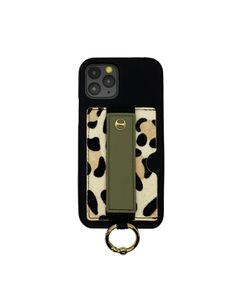 Case for iPhone 12/12 Pro - Vegan Leather Case With Holding Strap + Pocket + Ring - Black/ Leo
