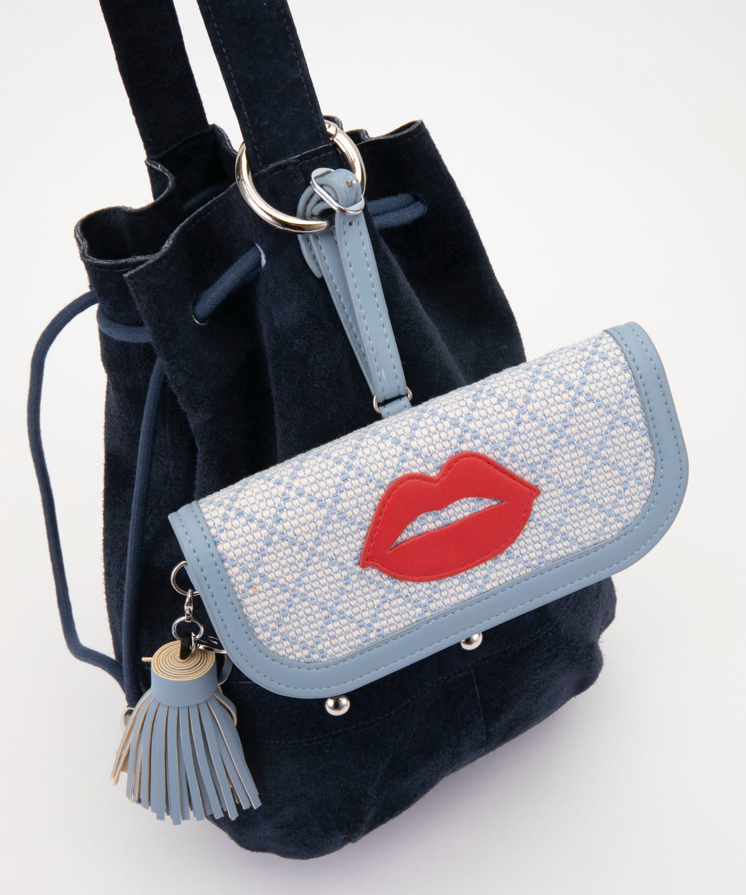 Glasses Case with Bag Holder - Blue Linen With Red Lips
