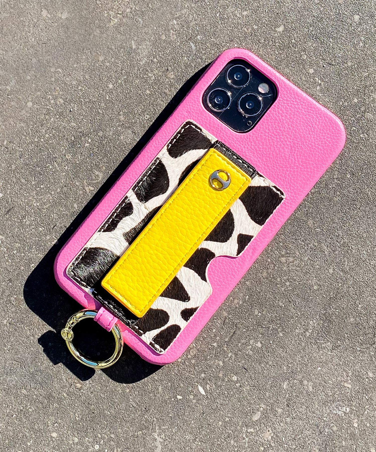 Case for iPhone 12/12 Pro - Vegan Leather Case With Holding Strap + Pocket + Ring - Pink