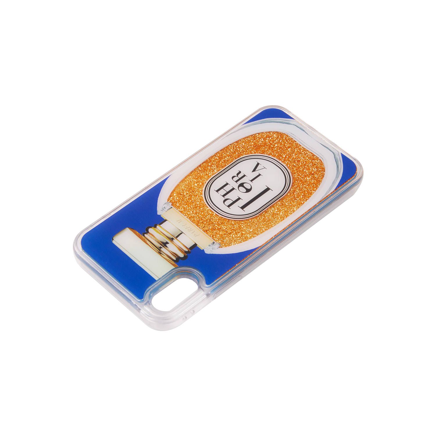 Liquid Case for Apple iPhone X/XS - Perfume Round Blue and Golden Glitter