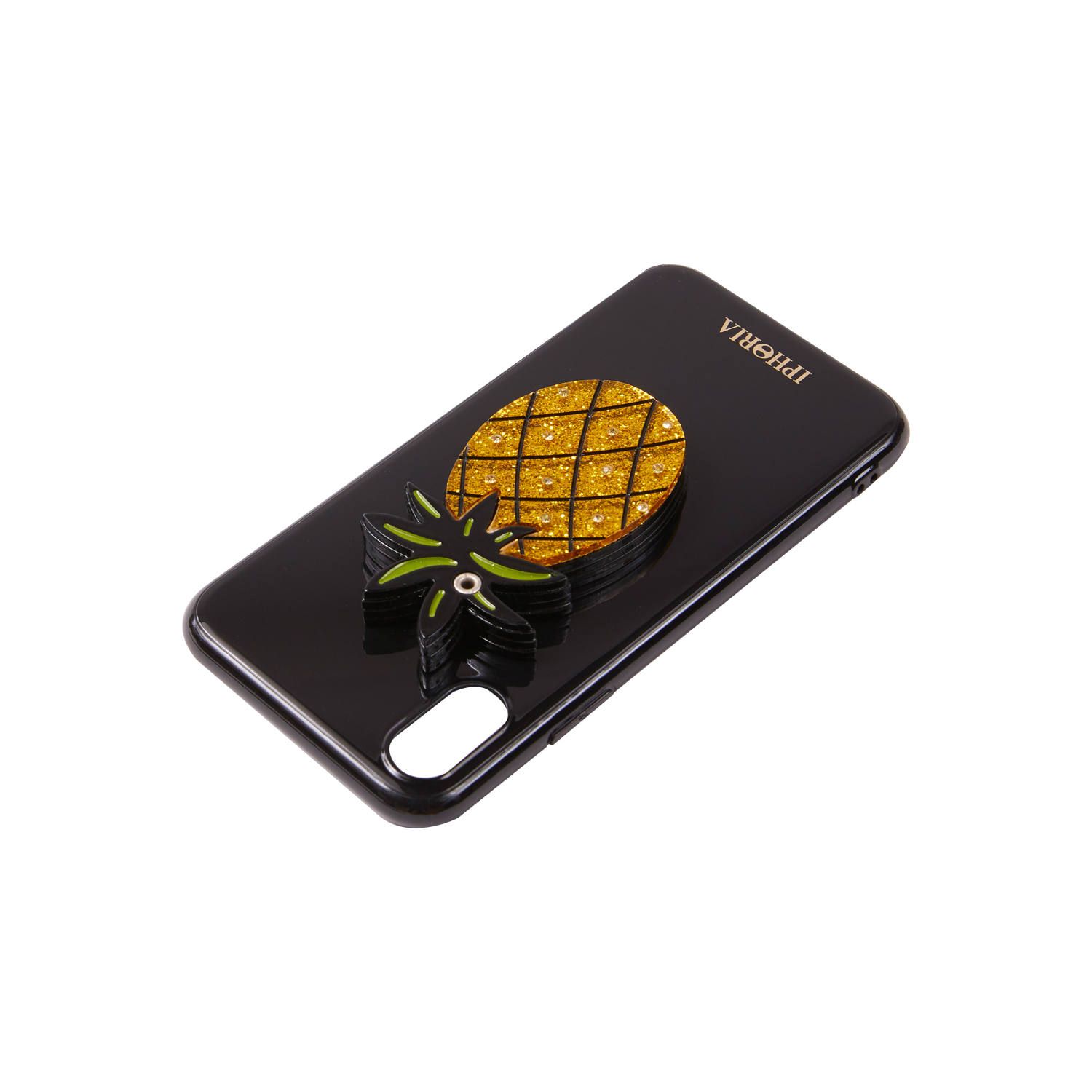 Case with Mirror for Apple iPhone X/XS - Black Pineapple Glitter