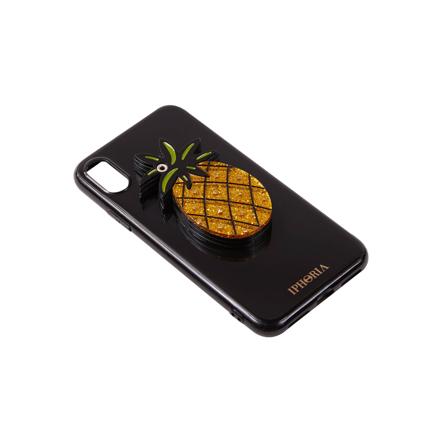 Case with Mirror for Apple iPhone X/XS - Black Pineapple Glitter