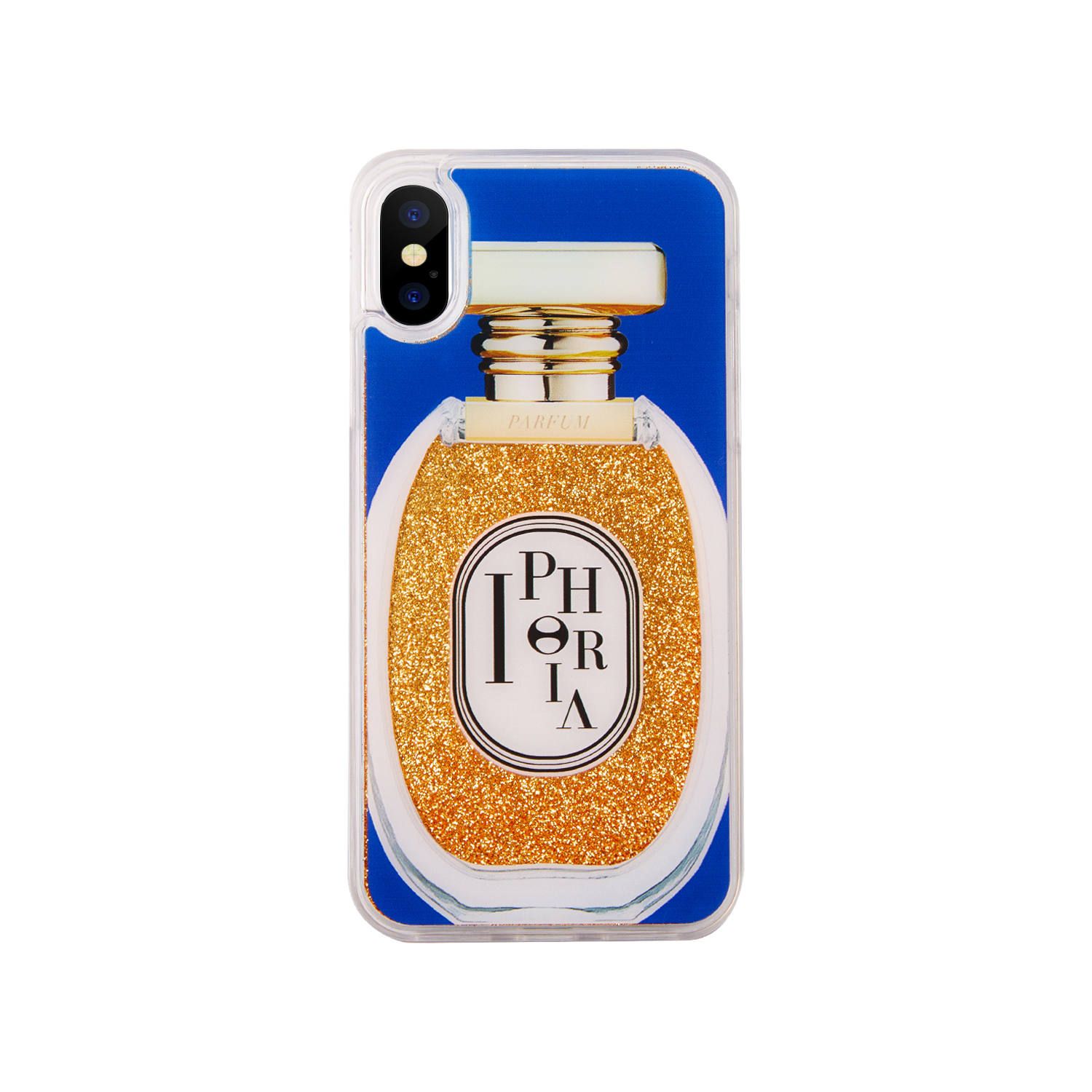 IPHORIA - Liquid Case for Apple iPhone X/XS - Perfume Round Blue and Golden  Glitter | IPHORIA