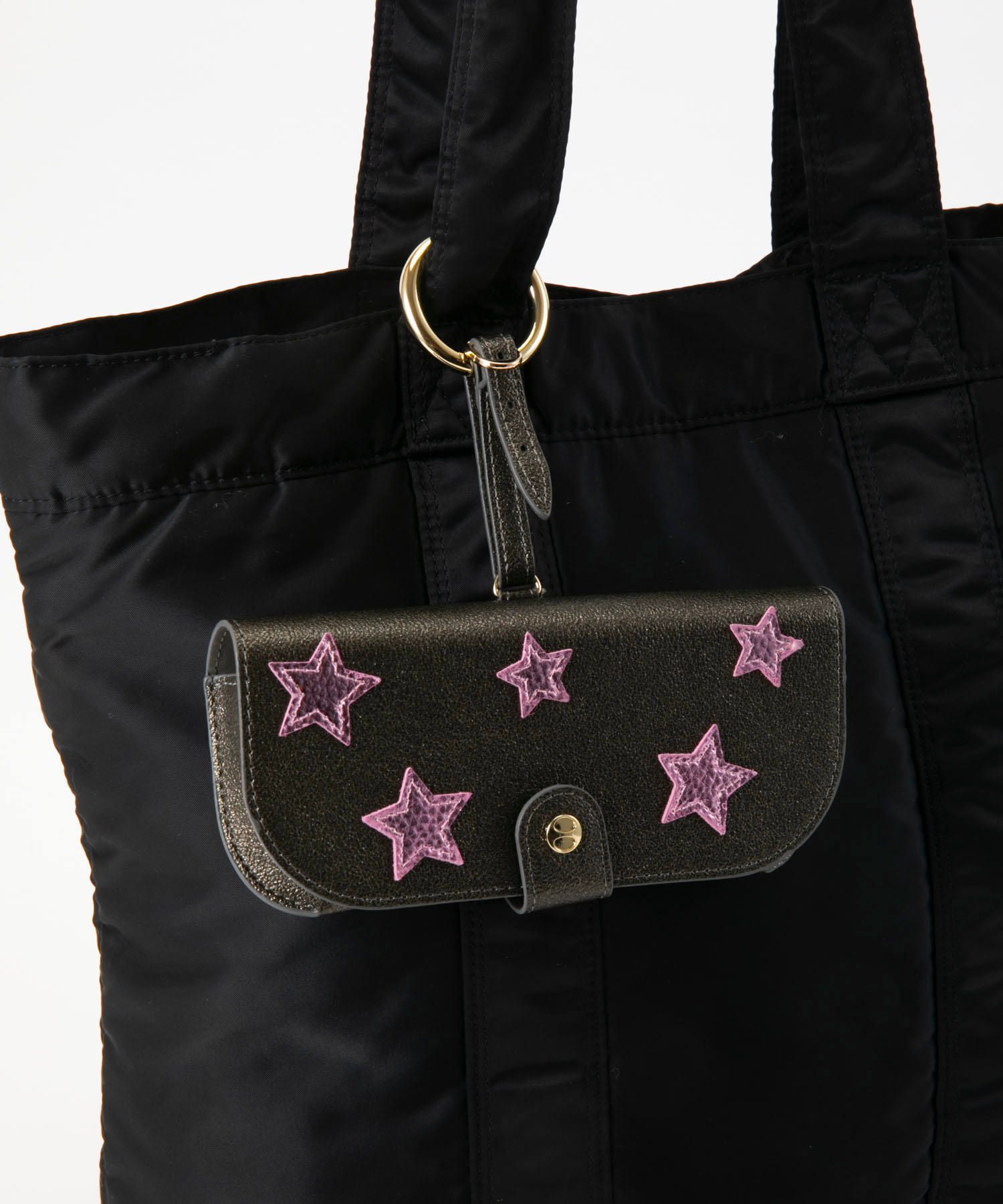 Glasses Case with Bag Holder - Olive Green With Pink Stars & hook in gold