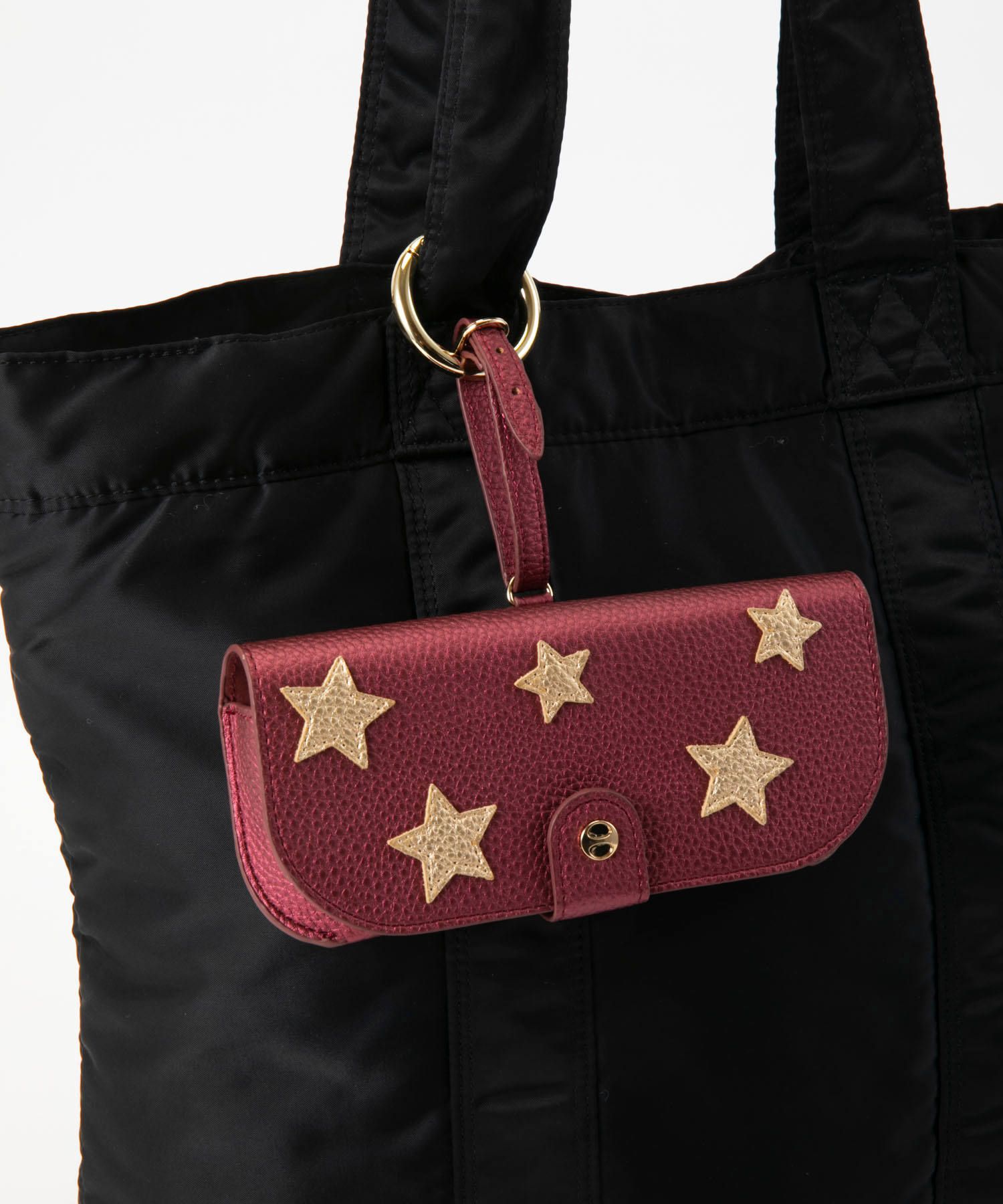 Glasses Case with Bag Holder - Dark Red With Golden Stars & hook in gold