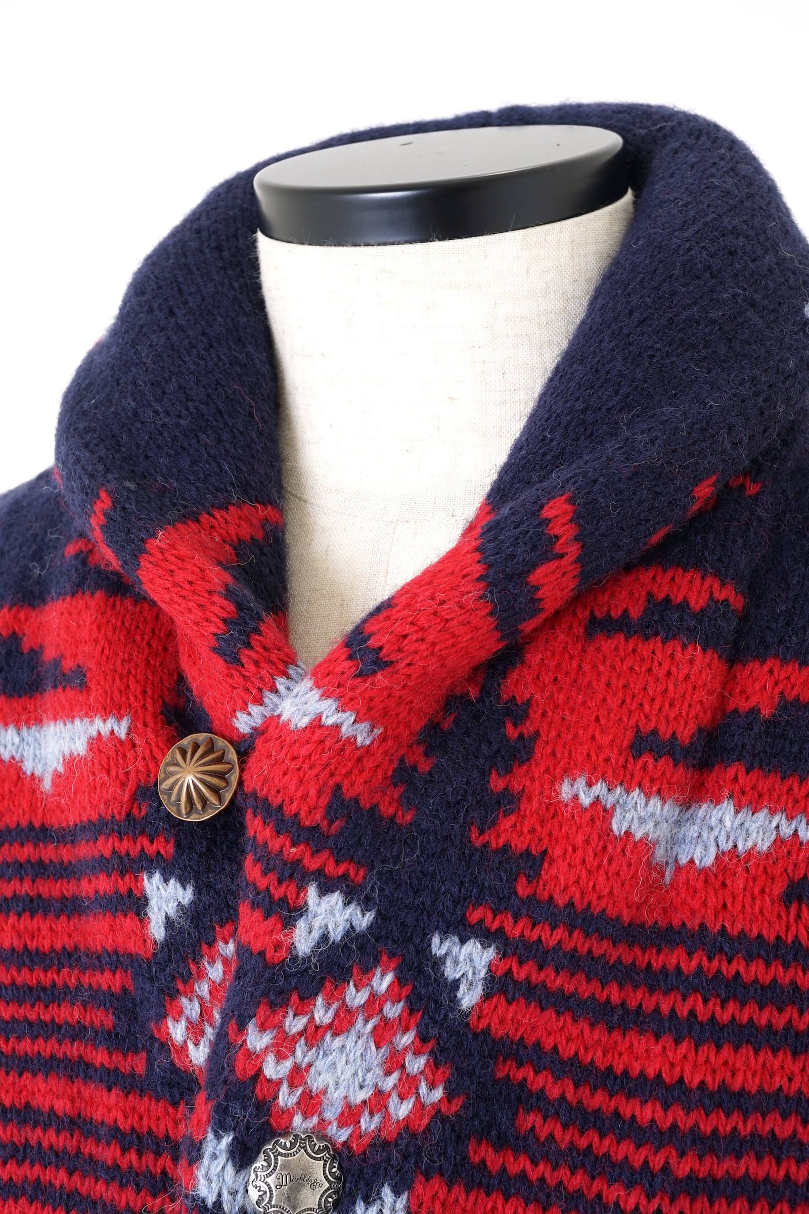 MARBLES SHAWL COLLAR NATIVE PATTERN ニットS-