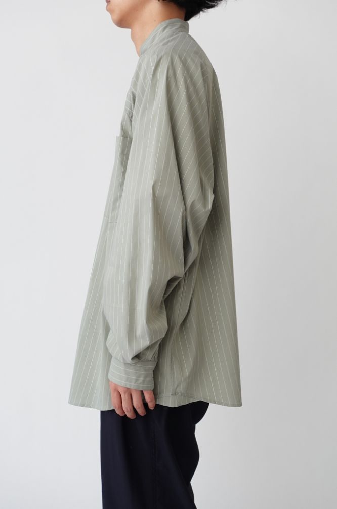 I - Striped Raglan Sleeve Band Collar Shirt SAGE STRIPE | koko