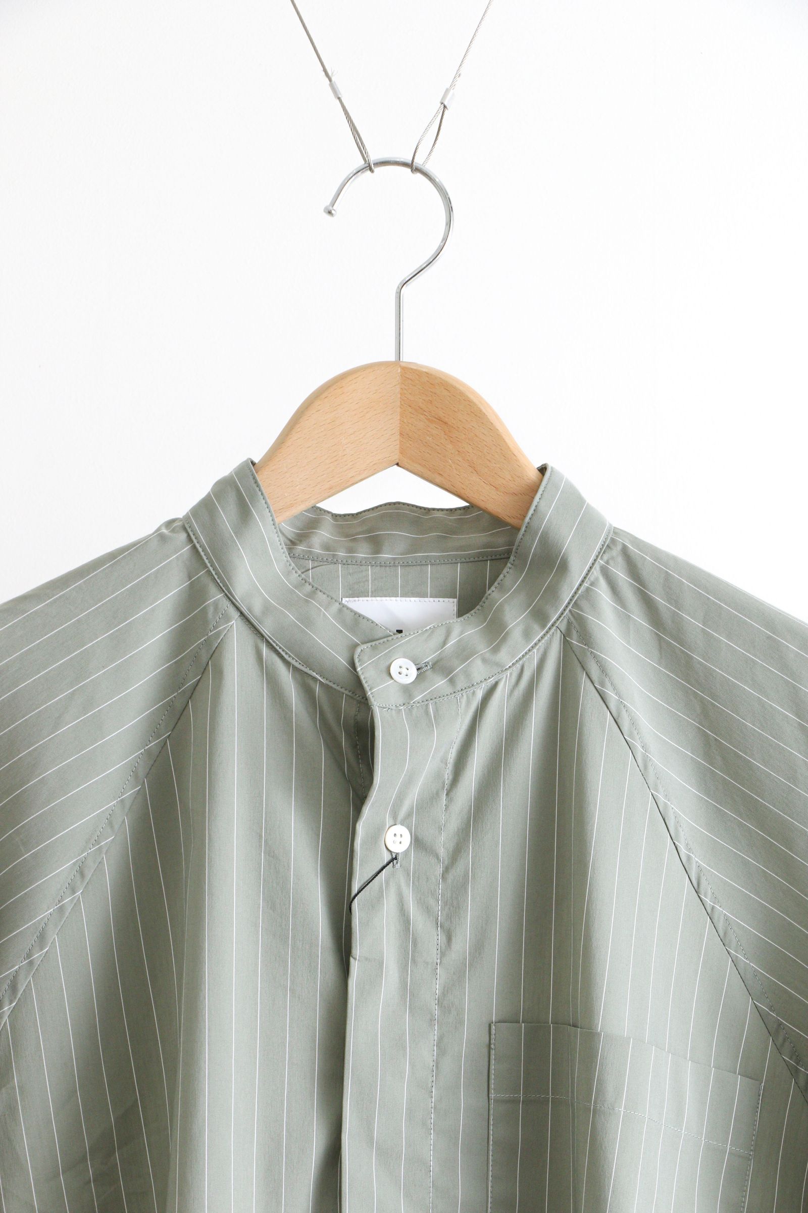 I - Striped Raglan Sleeve Band Collar Shirt SAGE STRIPE | koko