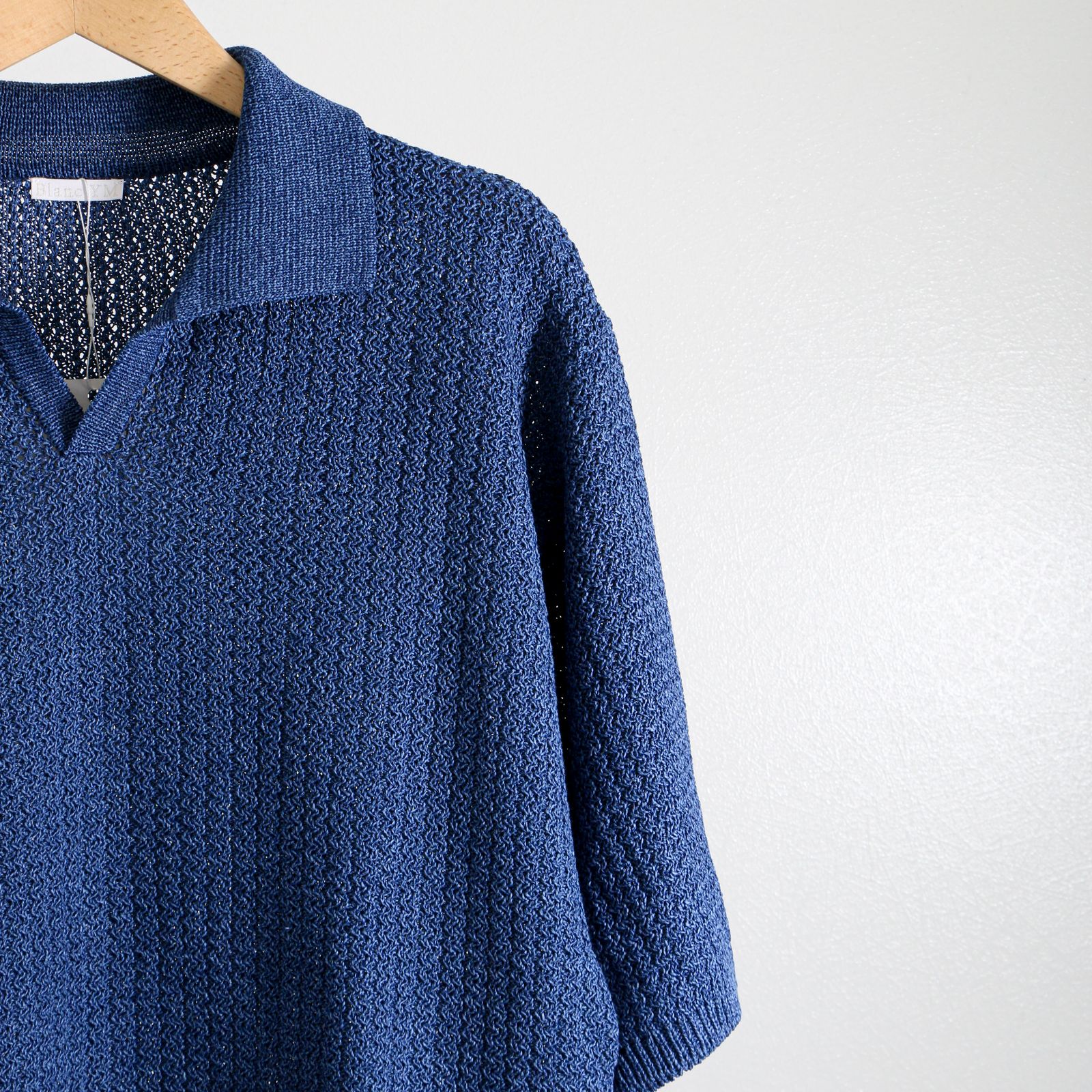 Skipper knit Shirt BLUE / スキッパー / ニットシャツ / コットン / 和紙素材 - S